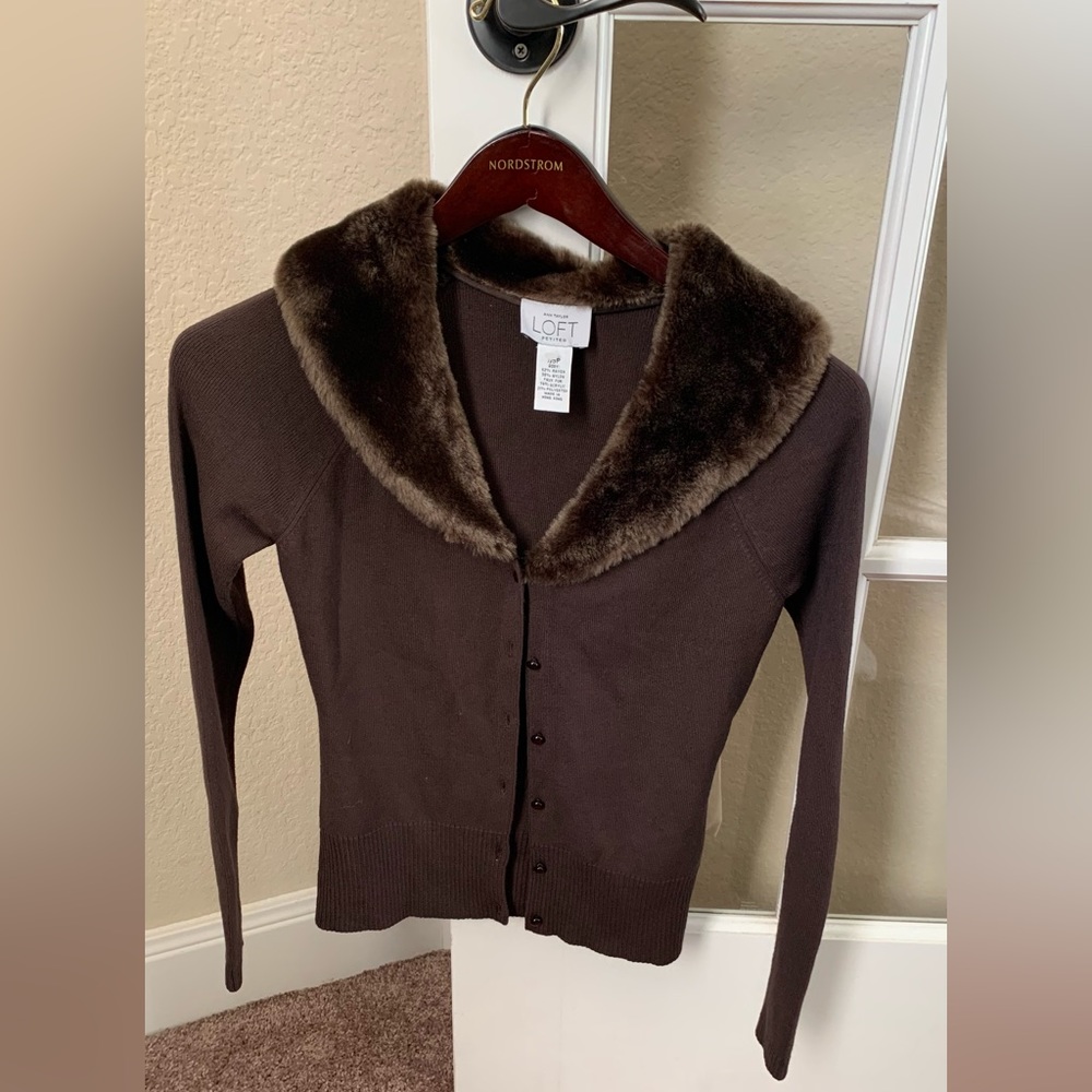 Excellent used condition, chocolate brown The Loft fur collar cardigan Xsmall